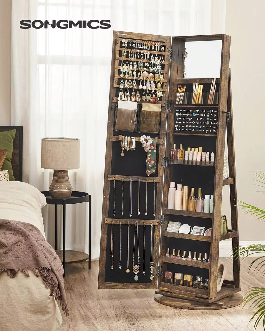 SONGMICS 360 Swivel Jewelry Cabinet, Mirror Jewelry Cabinet, Over-The-Door Organizer With Jewelry Storage Interior Mirror, Jewelry Armoire, Gift Idea