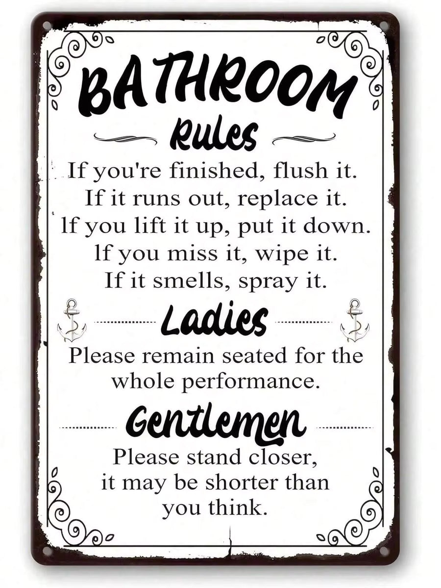 1Pc Funny Bathroom Rules Metal Tin Sign 8x12 Inch, Humorous Retro Wall Decor Gift - Kitchen Decor, Pre - Metal Wall Art, Vintage Metal Signs, Wall Decor, Rustic Metal Art, Cool Metal Signs, Man Cave Decor, Garage Signs, Classic Unique Wall Art